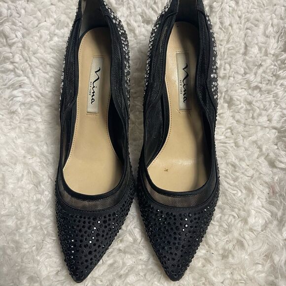 NINA RYOKO FABRIC BLACK CRYSTAL EMBELLISHED SLIP ON HEELS SZ8.5M - Picture 2 of 10